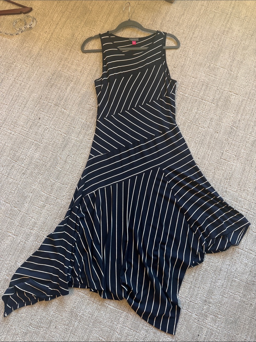 Vince Camuto Navy and White Asymmetrical Striped Long Midi Dress